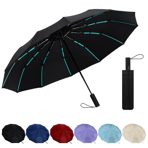 Jokisa Regenschirm Sturmfest - 12 Rahmen Faltender UV Schirm Automatik Auf und Zu, Reise Umbrella mit Verstärken Windfest Stabil Fiberglas Rippenfür Rucksack Auto Koffer (Schwarz)