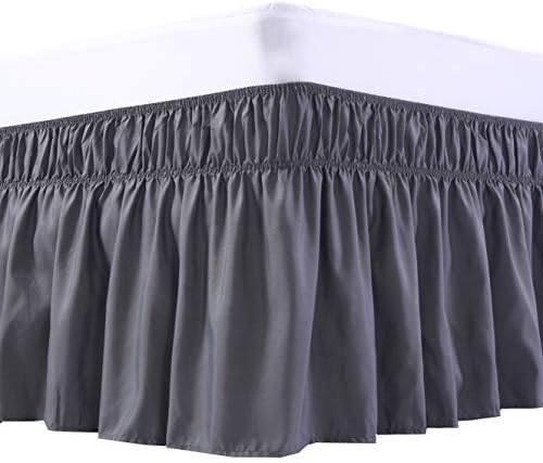 Wrap Around Bed Skirt Three Fabric Sides Elastic Dust Ruffled 16 Inch Tailored Drop,Easy to Install Fade Resistant-Dark Grey, Queen/King