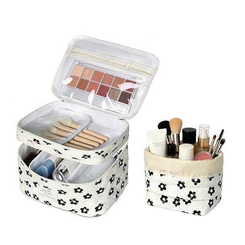 Gosect Makeup Bag, Quilted Cosmetic Bag Set, Drawstring Makeup Bag with Canvas Lining, Large Floral Toiletry Bag for Women Girls, Cute Cotton Flower Travel Organizer Bag (Black Flower