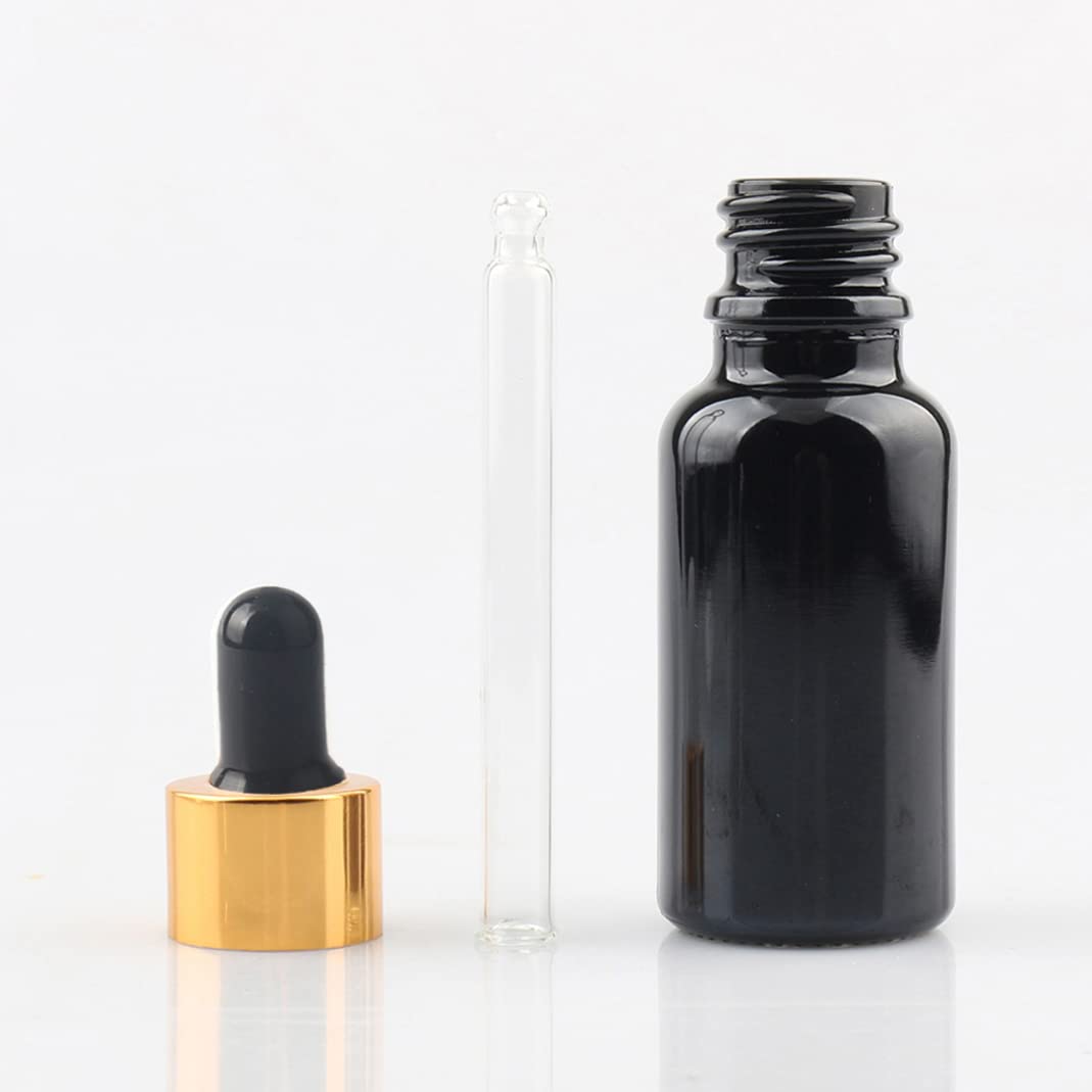 24 Pieza, 20ml Negro Frasco Cuentagotas Cristal con Tapón de Rosca Oro, Botellas de Cristal con Pipeta, para Cosmético Aromaterapia Aceites Esenciales