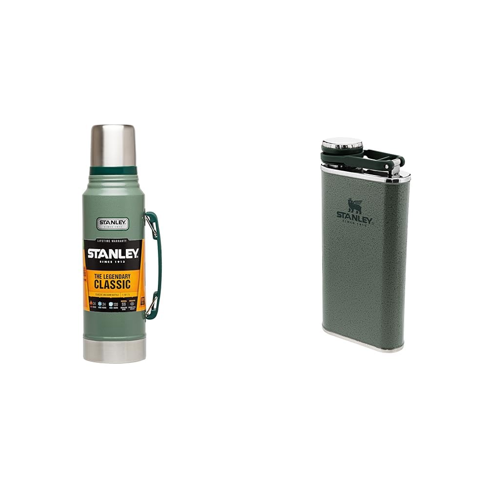 Stanley Classic Legendary Thermos 1L - Mantiene la Temperatura 24 Ore (Caldo/Freddo) & Classic Wide Mouth Flask 0,23L Hammertone Green with Never- Lose Cap