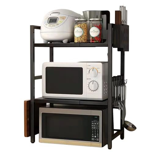 Refein Expandable Microwave Shelf for Kitchen, 3 Tier Microwave Oven Rack Stand Storage Shelves, Countertop Organiser with Hooks/Cutting Board Holder/Knife Holder/Cutlery Box, Black