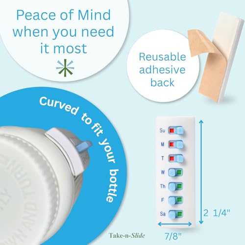 Image of TAKE-N-SLIDE Peel and Stick Reusable for 12 + Refills, Pill /Medication /Vitamin /Pet Med Tracker & Reminder, Attach to Your Bottle, Organizer-Free, Curved‑Back (White, 4-Pack)