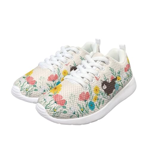 Kids Girl's Athletic Running Sneakers Breathable Mesh Tennis Shoes Cat Flower Sports Shoes Lightweight Non Slip Lace Up Casual Walking Hiking Shoes Outdoor Footwear White US 123
