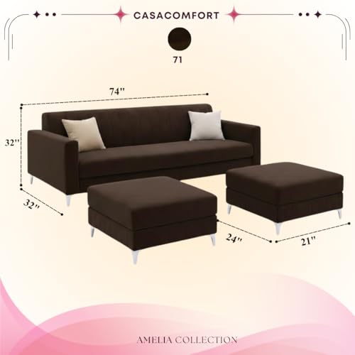 Image of Amelia 5 Seater L Shape Sofa Set with 2 Movable Ottomans | Flexible Layout | Rich Velvet Suede Fabric | Silver Legs | Spacious Seating | Modern Sofa for Living Room (Dark Brown)