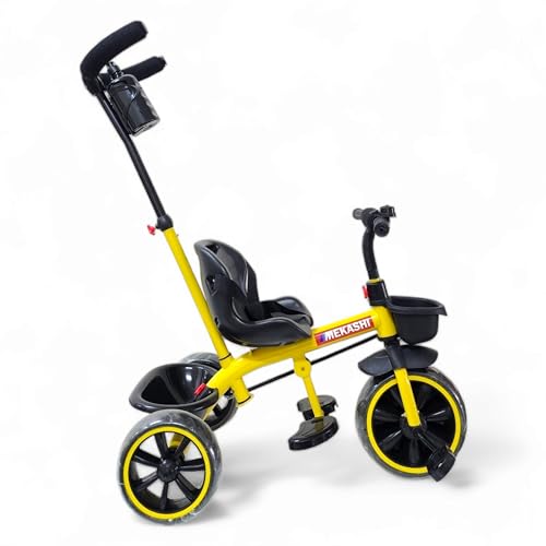 Image of MEKASHI Kids Tricycle for 1-6 Years with Parent Push Handle, EVA Wheels, Safety Guard, Front & Rear Storage Basket, Footrest, Bottle Holder, Yellow