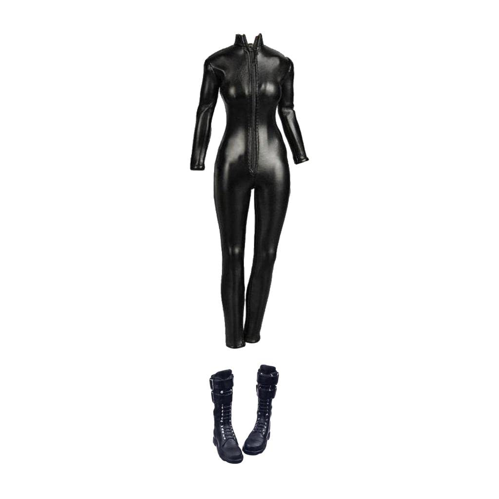 CALANDIS™ 1/6 Scale Female Black Faux Leather Jumpsuit Long Flat Boots for 12'' Figure-image-14