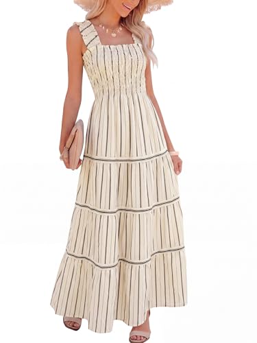 Image of Caracilia Womens Summer Maxi Dresses Floral Smocked Sleeveless Ruffle Boho Casual Flowy Aline Beach Vacation Long Sundress