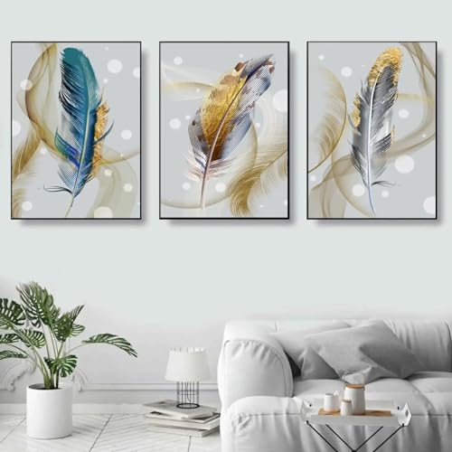 Impressions sur toile salon moderne avec grandes plumes dorées - 2