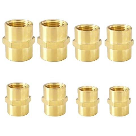 CAMNWAMN 8PCS Brass NPT Hex Coupling 1/8 x 1/8, 1/4 x 1/4, 3/8 x 3/8, 1/2 x 1/2, NPT Female Pipe Fittings Set (8pcs Hex Coupling) Cover