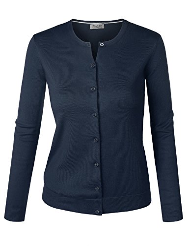 BIADANI Women Round Neck Button Down Soft Classic Knit Cardigan Sweater Navy Medium