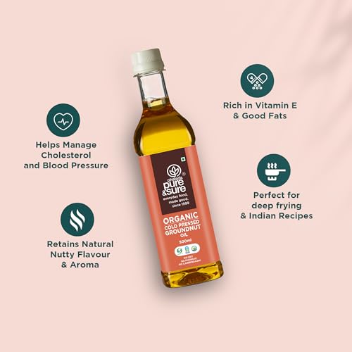 Image of Pure & Sure Organic Cold Pressed Groundnut Oil 2Ltr | Peanut Oil /Sing Tel Edible for Cooking | Extracted on Wooden Churner | Nutrient Rich & Chemical Free| 500ml(Pack of 4)