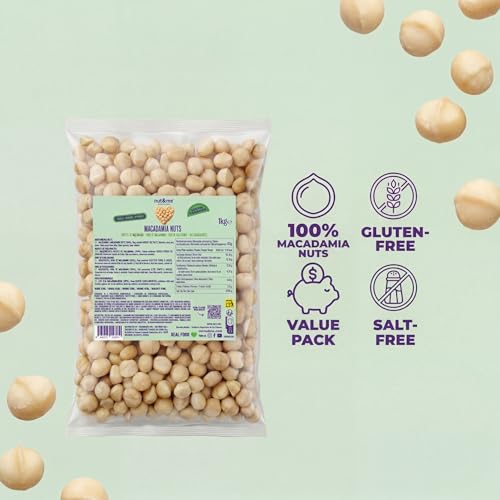 nut&me Macadamianüsse 1 kg | Ganze Macadamia Nüsse, geschält | Ungesalzen, glutenfrei und ohne Zusatzstoffe | Ideal für Snacks, Backen, Granola, Salate und süße Rezepte