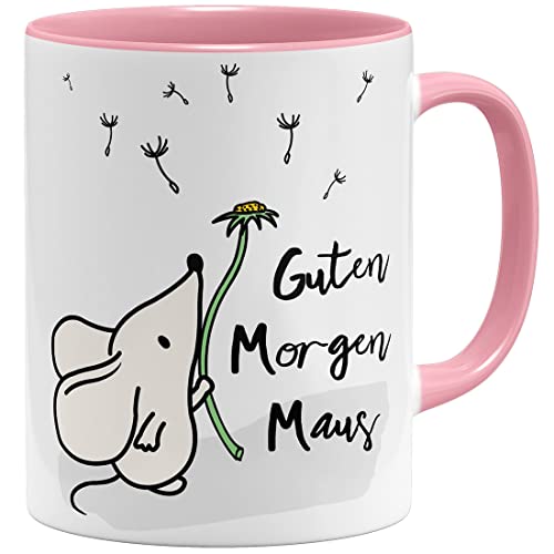 OM3® Guten Morgen Maus Tasse mit Spruch Statement - Keramik Becher - 325ml - Beidseitig Bedruckt - Rosa