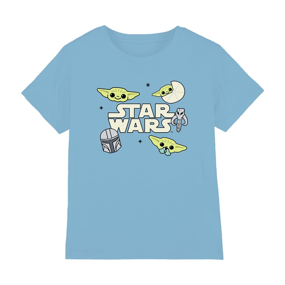 Star Wars The Mandalorian Grogu Badges Boys T Shirt, Sky Blue, 7-8 Years