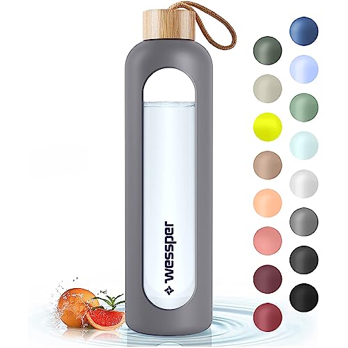 Wessper Botella de Cristal, Botella Agua Motivacional, Con Marcas de Tiempo, Vidrio de borosilicato Con Tapa de Bambú, Sin Fugas, para Deporte, Camping, para Niños y Adultos 1L – Gris