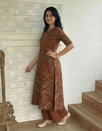 Image of ANNI Designer Women's Rayon Viscose Straight Printed Kurta with Palazzo | Elbow Length Sleeve Kurti Set | Close Neck with Back Slit | Soft Comfortable Fabric | 2 Piece Outfit