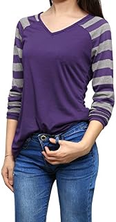 Allegra K Women's Striped Long Raglan Sleeves V Neck T-Shirt M Purple