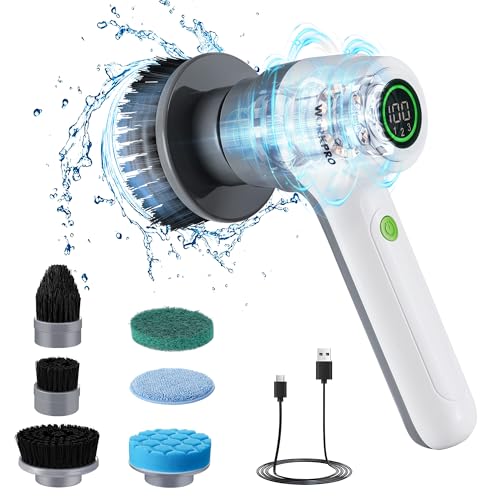 WORKPRO Electric Cleaning Brush, Handheld Spin Scrubber with LED Display, 3 Speeds Power Scrubber with 6 Replaceable Brush Heads, Spin Brush for Cleaning Kitchen, Bathroom, Bathtub, Tile, and Floor