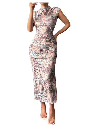 Image of BEAUDRM Women's Floral Print Midi Bodycon Dresses Split Thigh Ruched Mock Neck Fitted Tank Dress