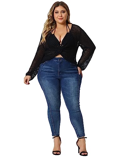 Agnes Orinda Plus Size Mesh Crochet Crop Top for Women Hollow Out Knit Sweater Beach See Through Cover Ups 20243