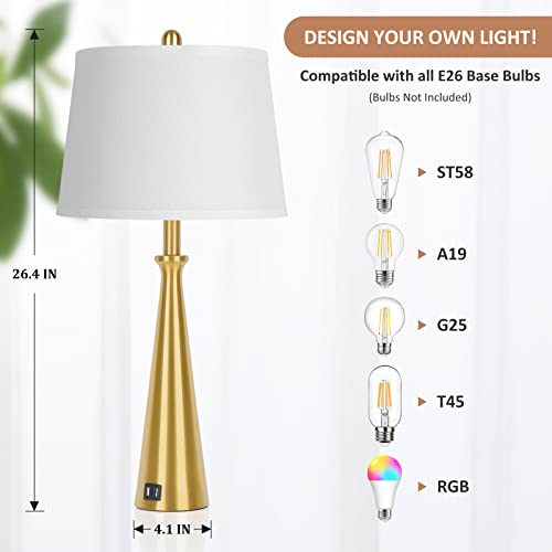 Table Lamps Set Of 2 With 2 Usb Charging Ports, Gold Beside Lamp With Rotary Switch, 26.4” Tall Brass Nightstand Lamp With White Shade, Desk Lamp With E26 Edison Socket For Living Room Bedroom Office #TOP5