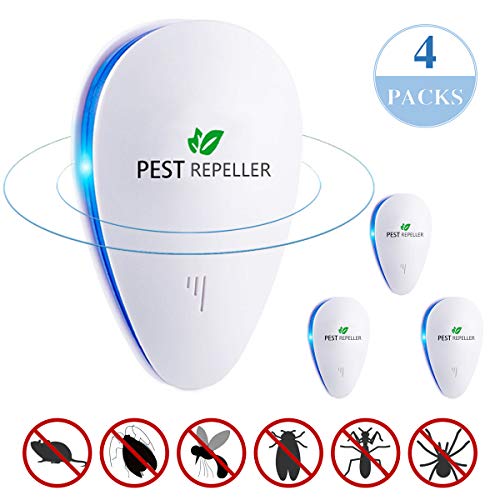 Repelente Ultrasónico Mosquitos, Control de Plagas para Las Ratas y Ratones, Cucarachas, Mosquitos, Moscas, Hormigas, Arañas, Insectos, Antimosquitos Eléctrico Extra Fuerte para Interiores (4-Pack)