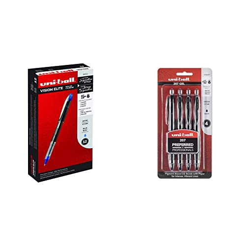 uniball Vision Elite Rollerball Pens with 0.5mm Fine Point Micro Tip, Blue, 12 Count & uniball Gel Pens, 207 Signo Gel with 0.7mm Medium Point, 4 Count, Black Pens are Fraud Proof
