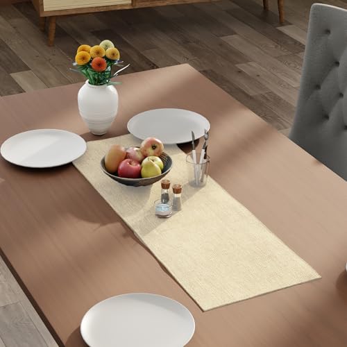 Image of Encasa XO Dining Table Runner for 4 to 6 Seater | 32x91 cm | Natural | Chenille Fabric | Machine Washable