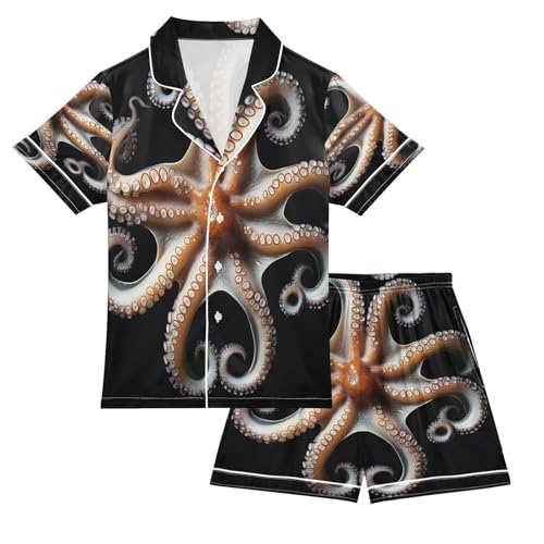 ALAZA Octopus Kraken Black Satin Pajamas Set Short Sleeve Button Down Sleepwear Summer Pjs 2 Piece