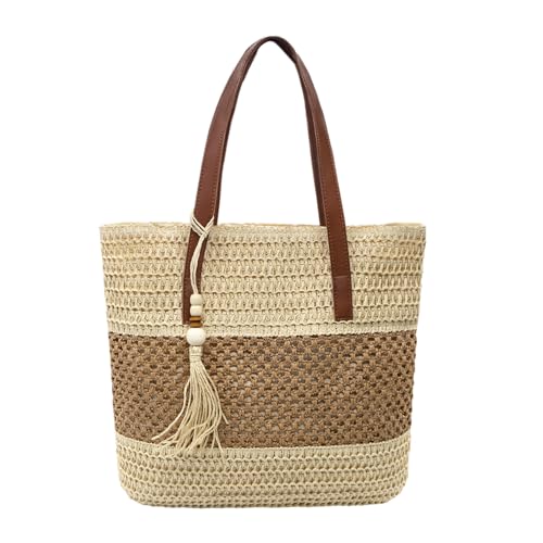 Image of Long Keeper Beach Bags for Women Summer Straw Bag with Zipper Woven Shoulder Handbag Beach Tote Bags for Travel Vacation