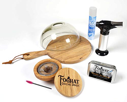 Foghat Cocktail Smoking Cloche Dome Set with Charcuterie Board, Bourbon Whiskey Barrel Oak Culinary Smoking Fuel Wood Shavings & Smoking Torch | Infuse Cocktails, Whiskey, Cheese, Meats, BBQ, Salt!