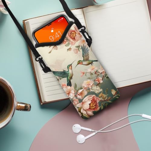 Image of Women Men Crossbody Phone Bag Lightweight Neoprene Cellphone Case Waterproof Phone Carry Pouch for iPhone 15 /14 / 13 Pro Max, for Samsung S24, S23+, A25, A35, Hummingbird Floral Pattern
