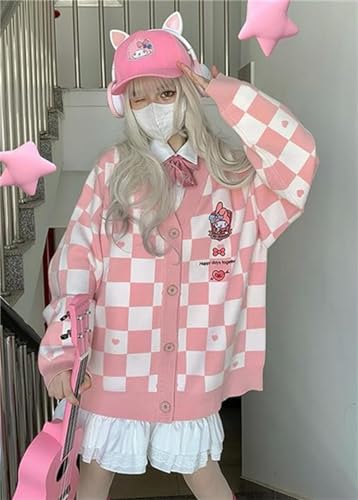Image of Kawaii Cartoon Cardigan Sweaters for Women Girls Long Sleeve Open Front Knit Cardigans Plaid JK School Uniform