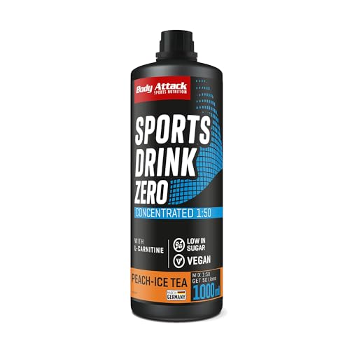 Body Attack Zero Sports Drink, Peach Ice Tea/Pfirsich Eistee, 1x 1000 ml / 200 Portionen, Sportgetränkekonzentrat, zucker- und fettarm, vegan, Made in Germany