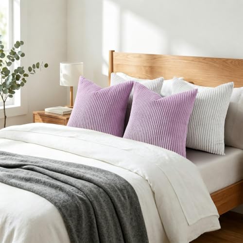 Image of Mecatny Corduroy Decorative Throw Pillow Covers 24x24 Set of 2 for Sofa Living Room, Soft Neutral Boho Couch Pillow Covers for Home Decor, Lilac