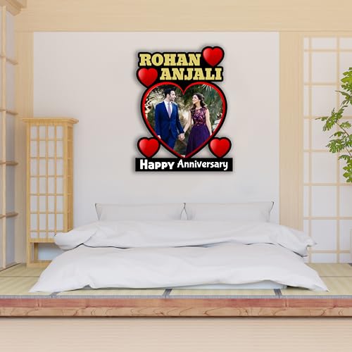 Image of Shrikant Art Personalized inchHappy Anniversary inch Heart-Shaped Photo Collage Wall Hanging - Large 15x12 Inch Custom Name Wooden Frame with Red Heart Accents