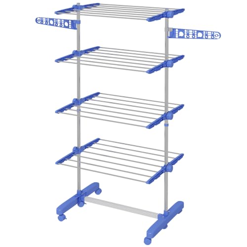 HOMCOM séchoir 4 niveaux six roues One-Click acier inoxydable