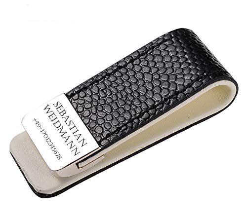 aplusashop Geldklammer mit Gravur nach Wunsch Geldscheinklammer Edelstahl Leder schwarz NEU (Mit Gravur)