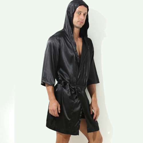 IBAKOM Men Pajama Satin Robe Hooded Bathrobe Sleepwear Long Sleeve Hoodie Sleep Robes Nightgown Nightwear3