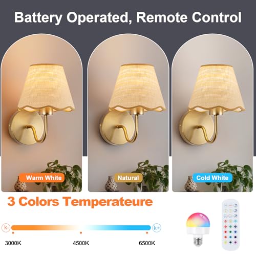 Image of ADISUN Battery Operated Wall Sconce Set of 2, Gold Wall Lamps Rechargeable Bulbs for Living Room, Rattan Shade Wireless Wall Lights for Bedroom Living Room Hallway Kitchen(2 Bulbs Included)