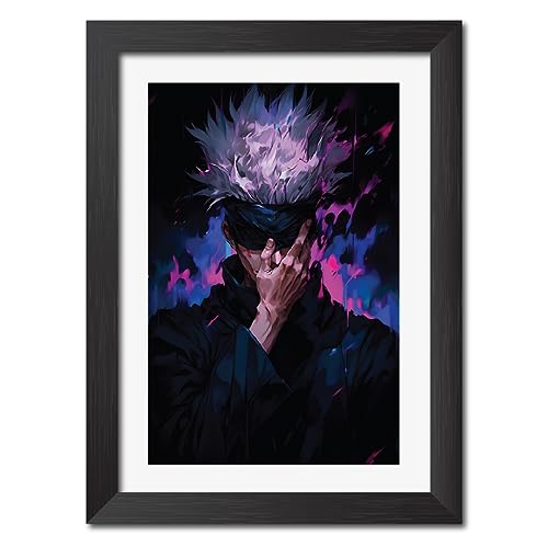 Image of TenorArts Satoru Gojo Posters Jujutsu Kaisen Anime Poster Laminated Photo Frame Painting with Matt Finish Black Textures (12inches x 9inches)