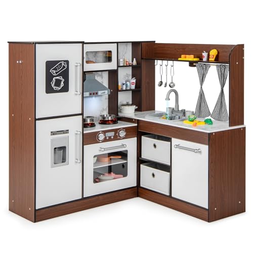 DREAMADE Kinderküche Holz mit 20 TLG. Spielzubehör, Kinder Küche Holzküche Eckküche mit Tafel Herd Spüle Backofen, Spielküche mit Licht und Sound für Kinder ab 3 Jahren