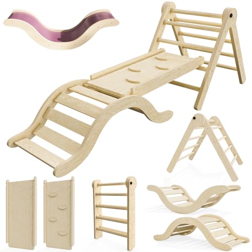 Pikler Triangle Set Climber 5 in 1, Toddler Climbing Toys Indoor Folding with Ramp & Arch & Mat for Montessori Play Gym for Toddlers and Kids (Natural)(99″ Wx21 Dx23 H)