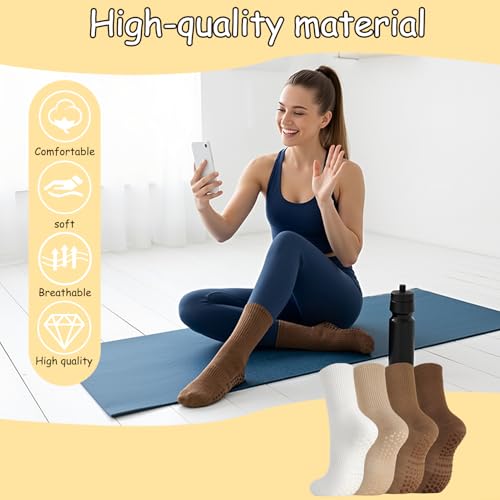 Image of Jspupifip 4 Pairs Pilates Grippy Socks for Women, Long Non Slip Yoga Socks with Grips Crew Socks for Pilates Barre Hospital