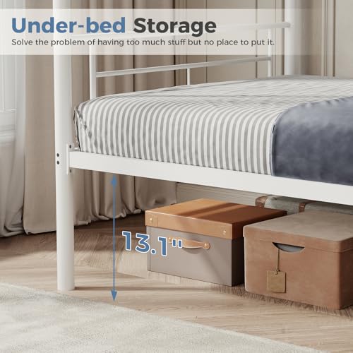 Image of DUMOS Metal Bunk Bed Frame Twin Over Twin Size with Ladder and Guardrail, Sturdy Heavy Duty Slats Support Bed, Space Saving, No Box Spring Needed, White
