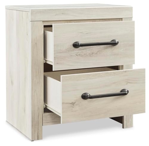 Image of Signature Design by Ashley Cambeck Farmhouse Industrial 2 Drawer Two Drawer Nightstand with 2 Slim-Profile USB Charging Stations, 24.37 inch Tall, Whitewash