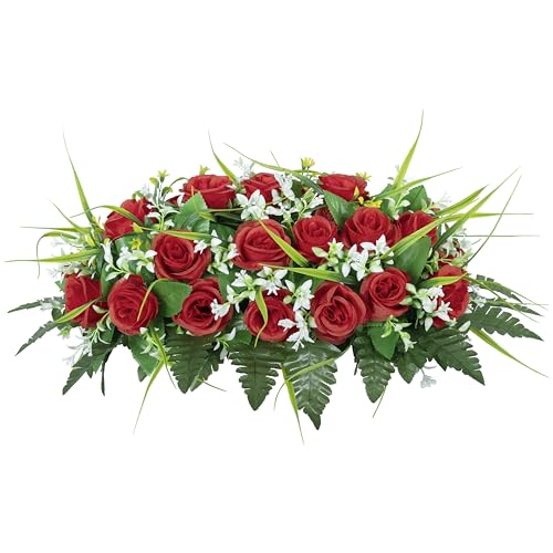 DONODA Cemetery Tombstone Flower Saddle - Outdoor Grave Decorations - Non-Bleed Colors, Rose Combination Flower (red Saddle)