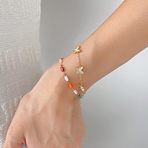 Image of Fashion Stainless Steel Acrylic Bead Butterfly Charm Chain Bracelet Double Layer Stack Adjustable Link Bracelet(Gold)