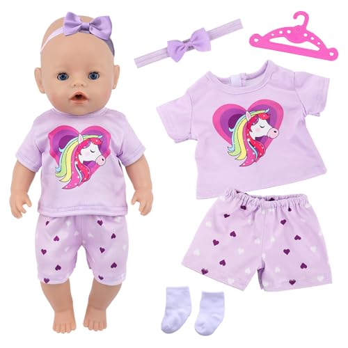 5 Stück Kleidung Outfits für 14-18 Zoll Baby Puppen, 35-43cm Baby Puppenkleidung Outfits1 Kurzarm 1 Shorts 1 Stirnband mit Schleife 1 Kleiderbügel 1 Paar Socken Geburtstagsgeschenk für Mädchen
